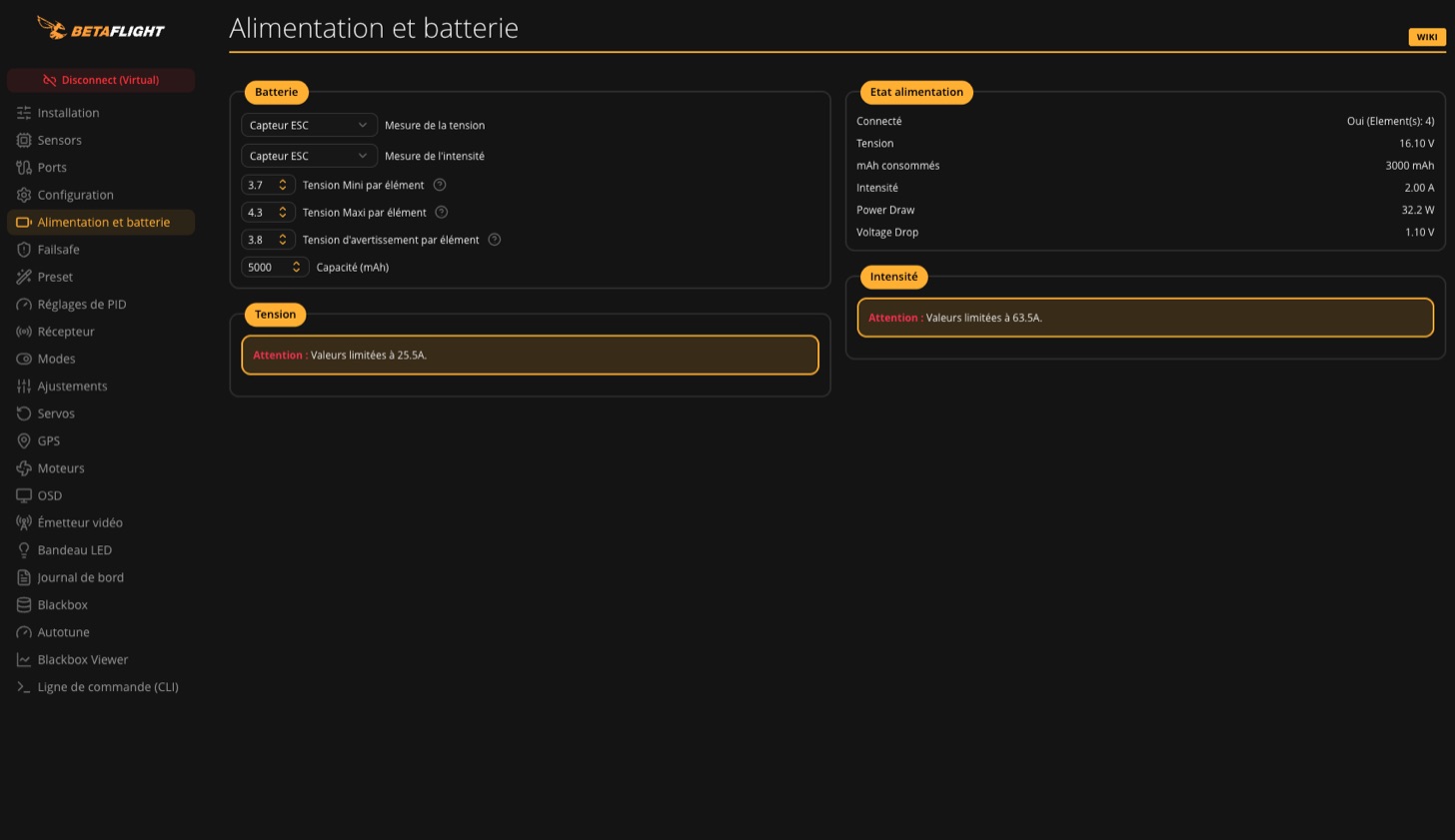 Betaflight 2026.06, onglet Alimentation et batterie avec les seuils de tension