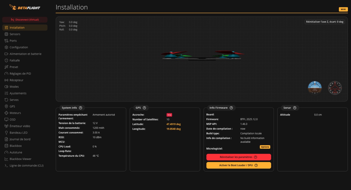 Interface de Betaflight 2026.06, onglet Installation avec le modèle 3D du drone