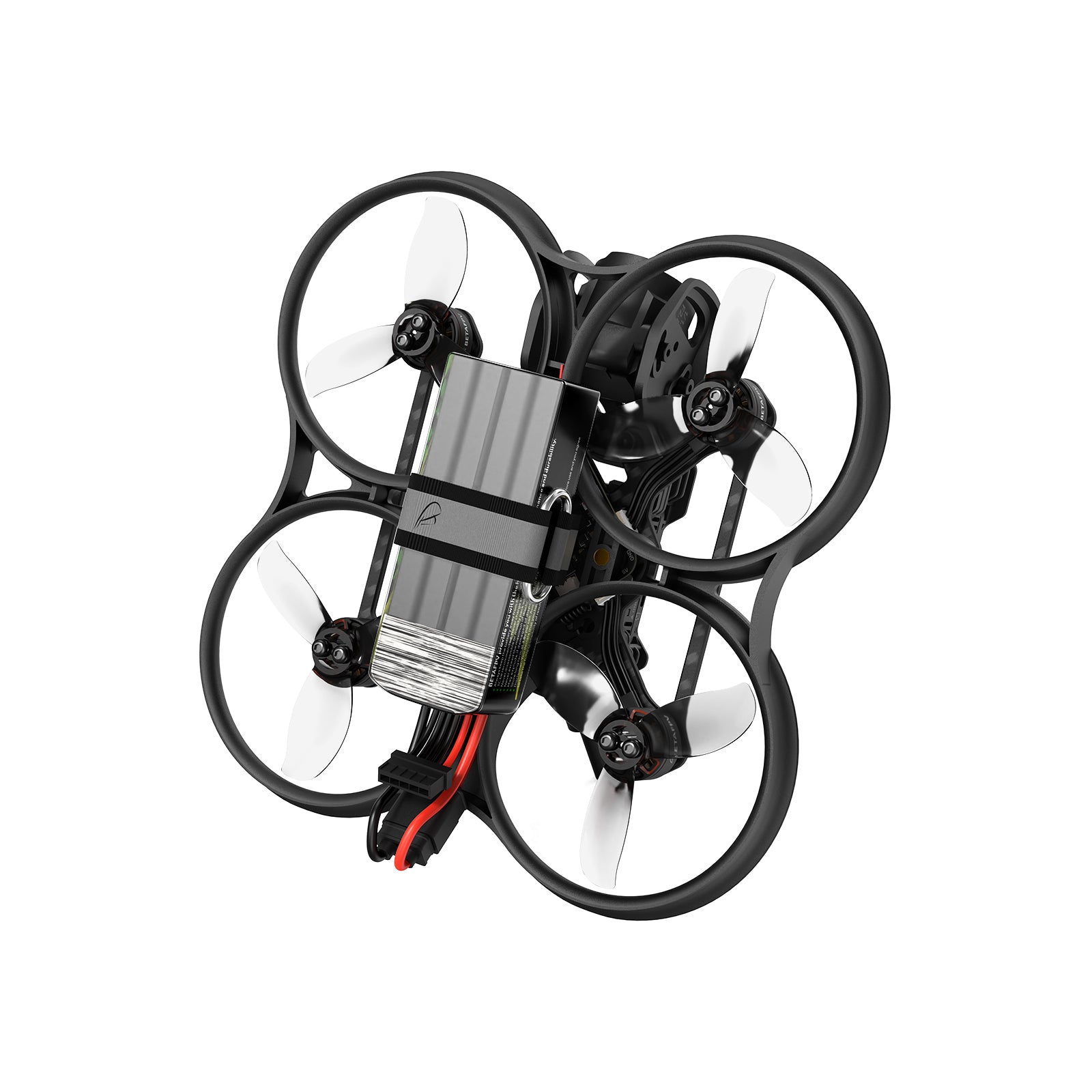 Le Pavo20 Pro II 4S vu de dessous, avec sa LiPo 4S sanglée